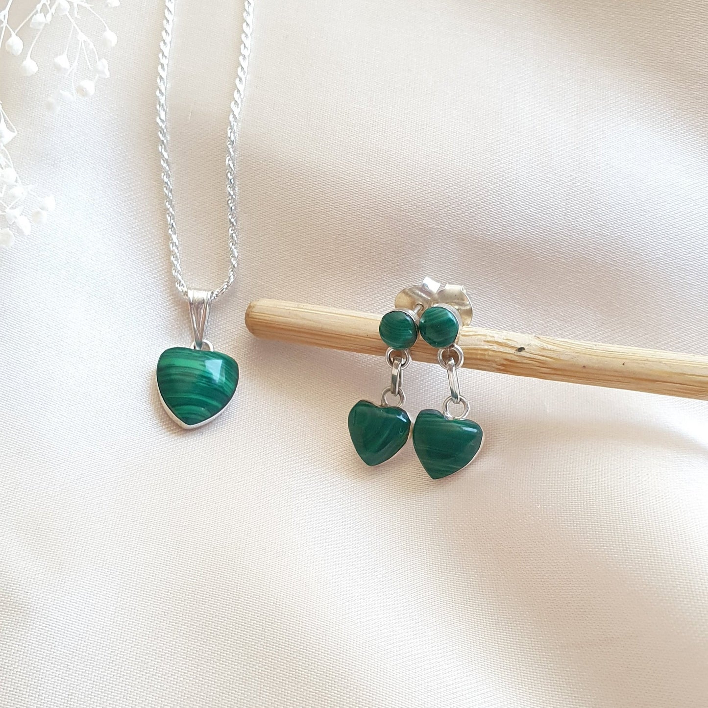 Conjunto Corazón Plata con Piedra Malaquita Natural