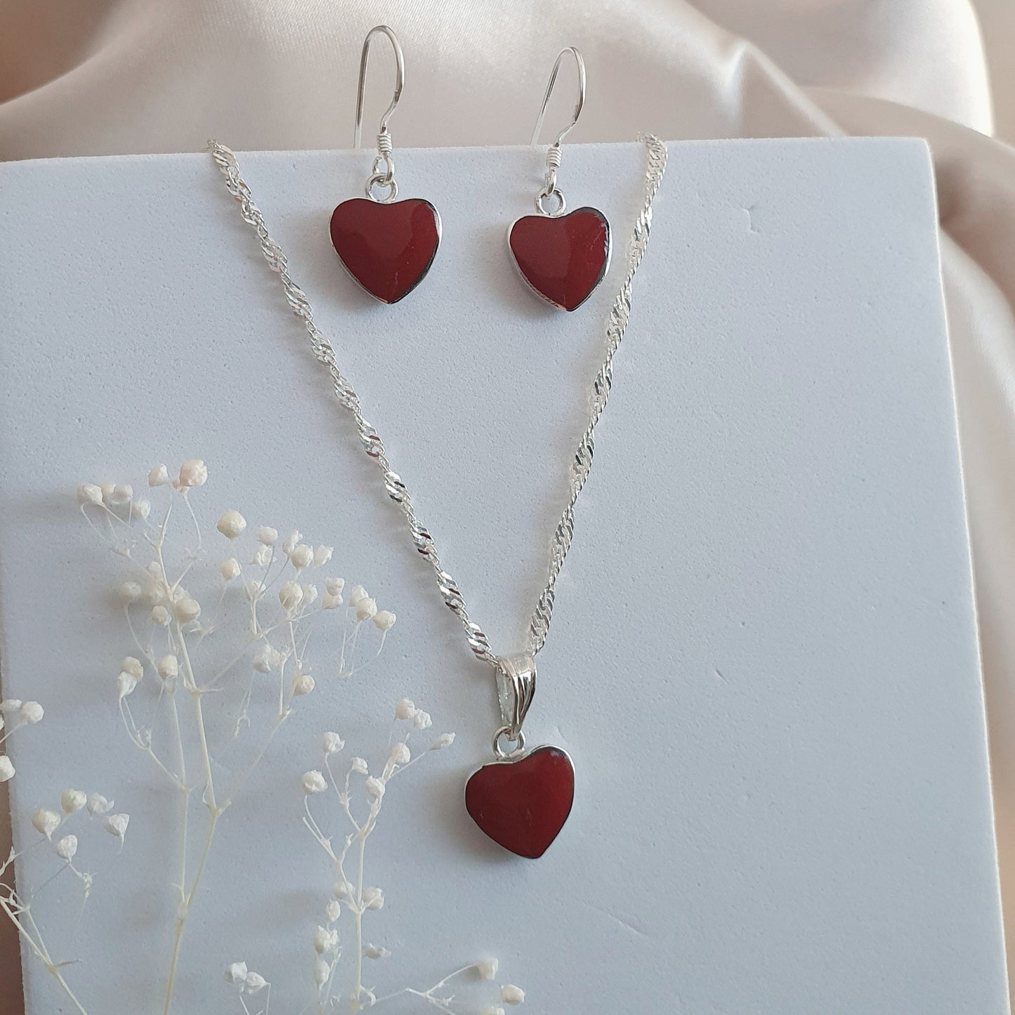 Conjunto Corazon Plata con Piedra Natural Jaspe