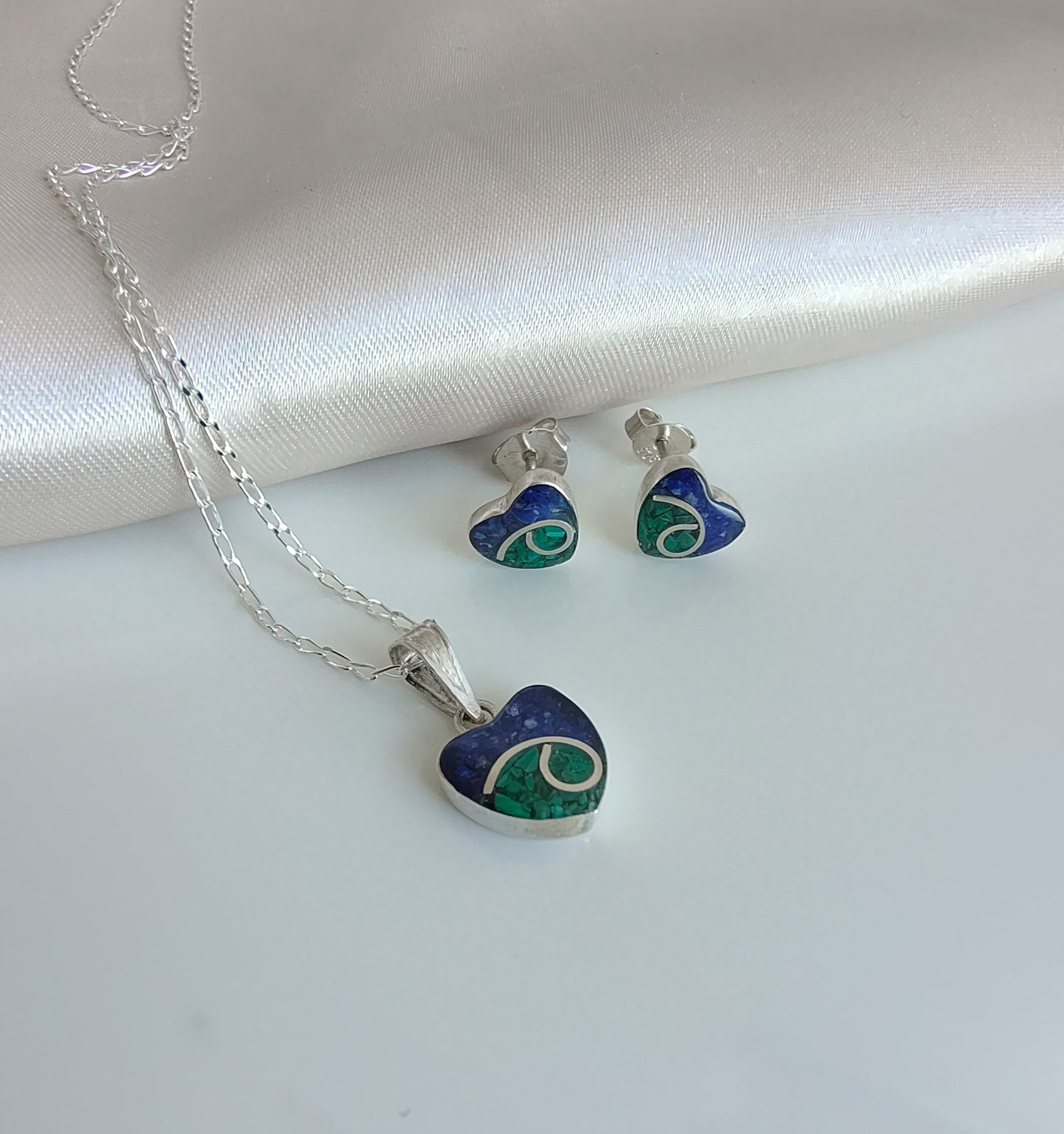 Conjunto Corazón Plata Mosaico Lapislázuli y Crisocola