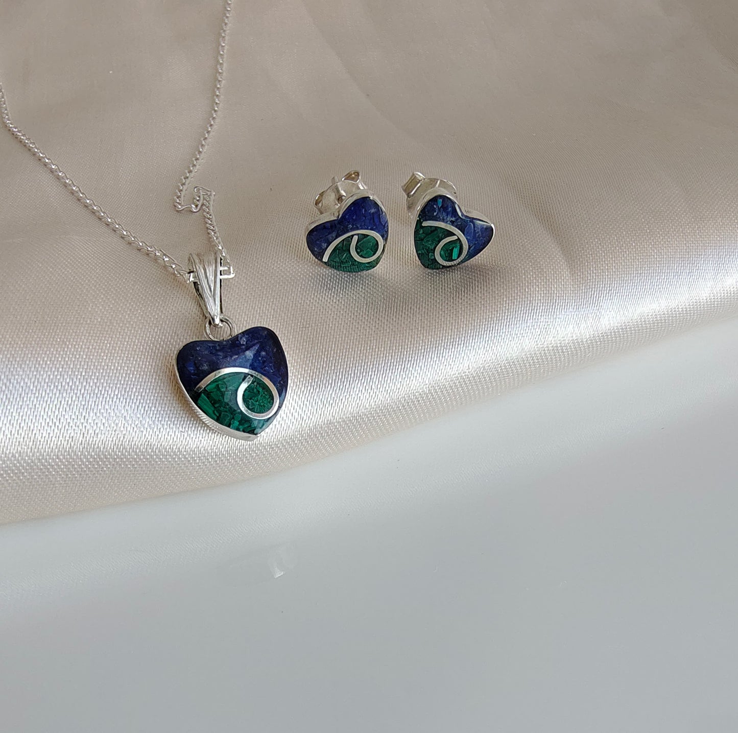 Conjunto Corazón Plata Mosaico Lapislázuli y Crisocola