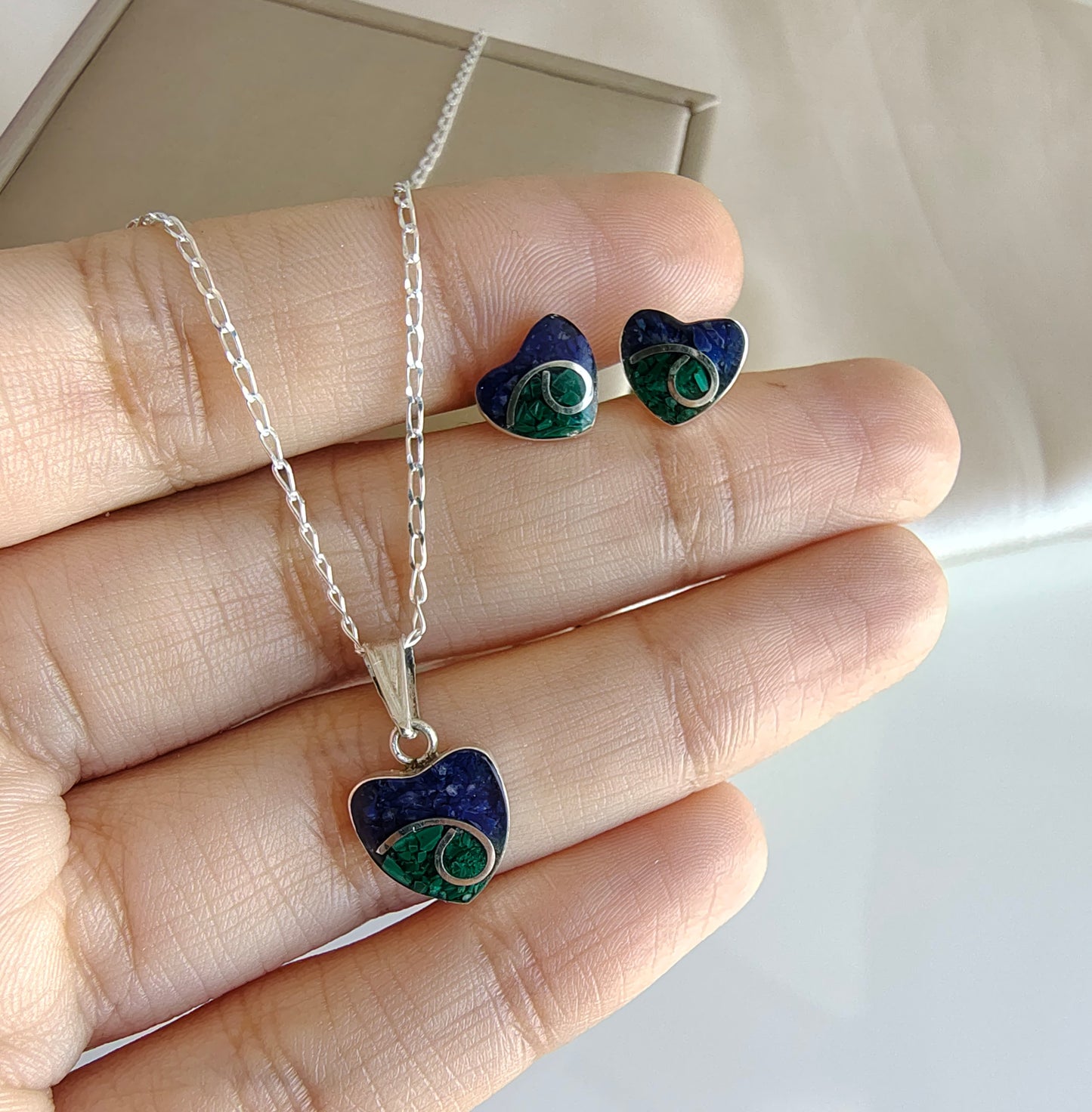 Conjunto Corazón Plata Mosaico Lapislázuli y Crisocola