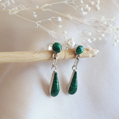 Conjunto Gota Plata con Piedra Malaquita Natural - Joyas Alicanto
