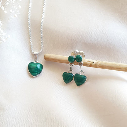 Conjunto Corazón Plata con Piedra Malaquita Natural - Joyas Alicanto