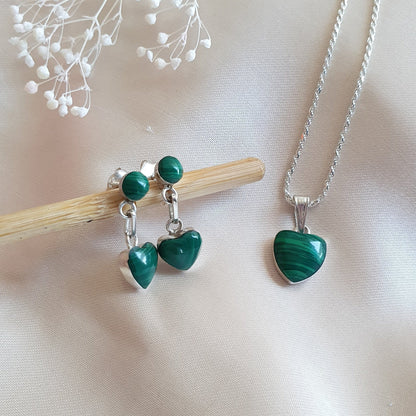 Conjunto Corazón Plata con Piedra Malaquita Natural - Joyas Alicanto