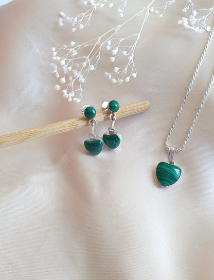Conjunto Corazón Plata con Piedra Malaquita Natural - Joyas Alicanto