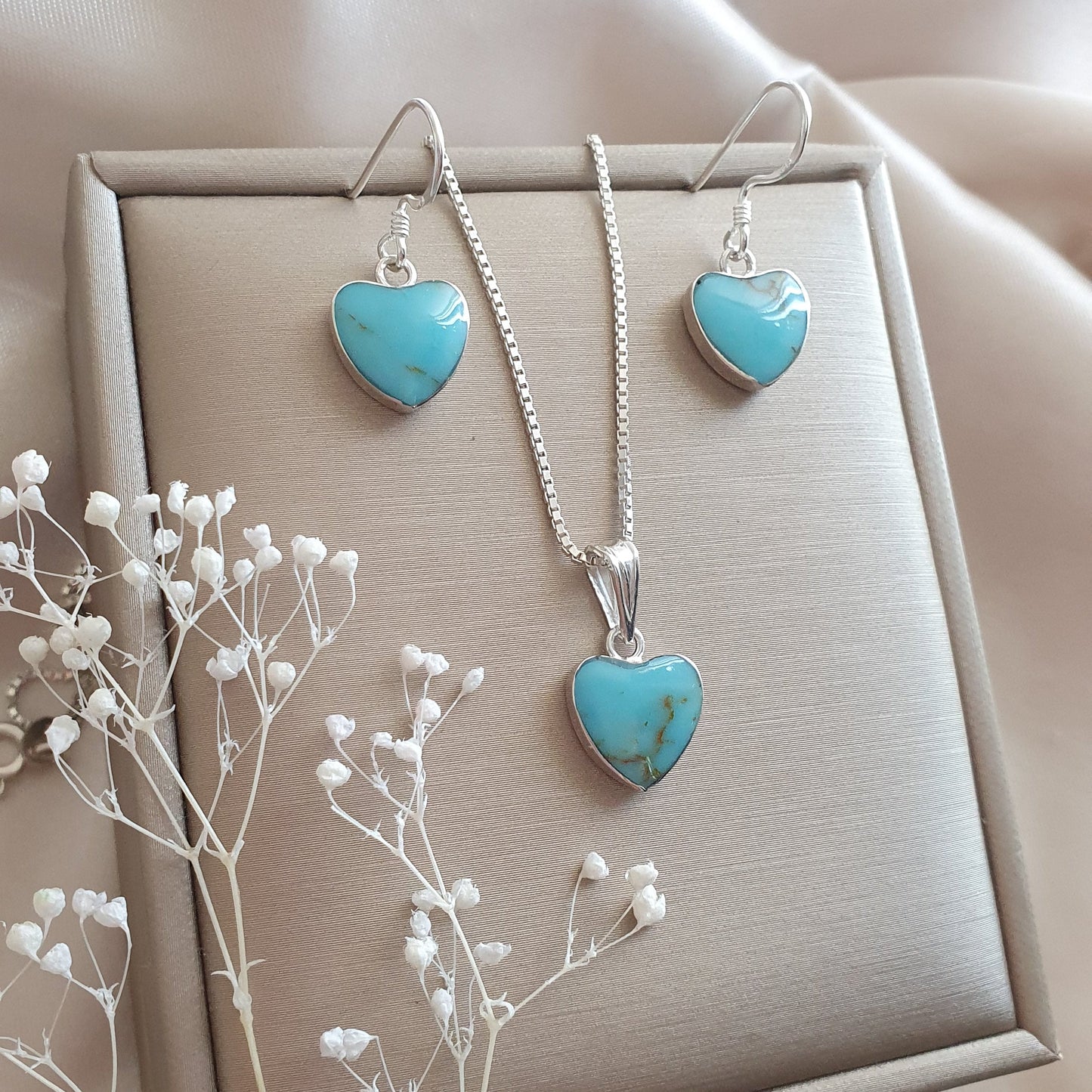 Conjunto Corazón Plata con Piedra Turquesa Natural