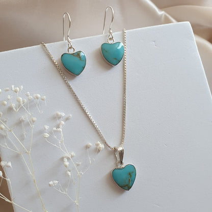 Conjunto Corazón Plata con Piedra Turquesa Natural - Joyas Alicanto