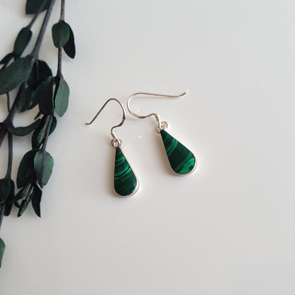Conjunto Gota Plata con Piedra Malaquita Natural - Joyas Alicanto