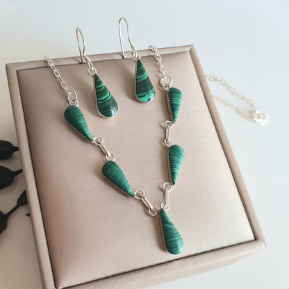 Conjunto Gota Plata con Piedra Malaquita Natural - Joyas Alicanto