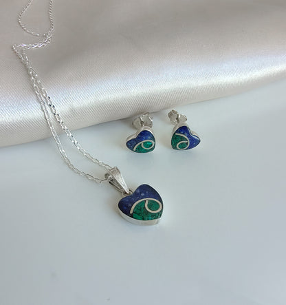 Conjunto Corazón Plata Mosaico Lapislázuli y Crisocola
