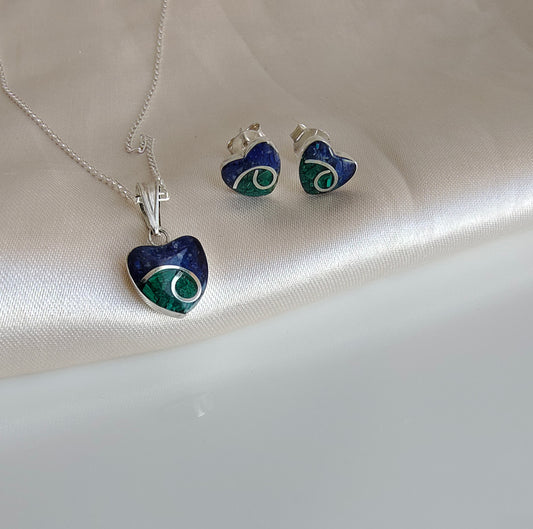 Conjunto Corazón Plata Mosaico Lapislázuli y Crisocola