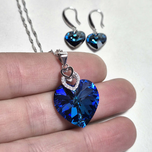 Conjunto Corazón Azul Profundo | Plata 925 y Cristal