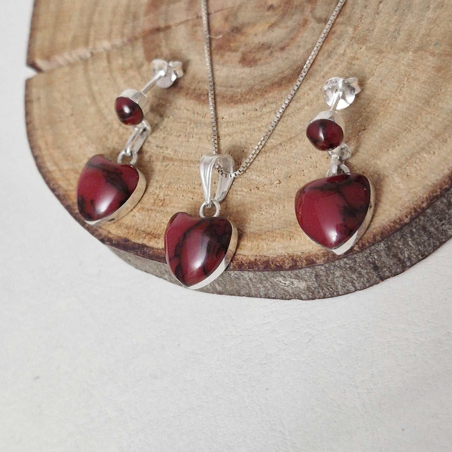 Conjunto Aros y Collar en Plata 950 con Jaspe Corazón