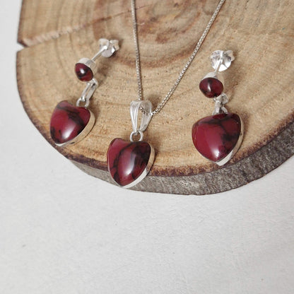 Conjunto Aros y Collar en Plata 950 con Jaspe Corazón