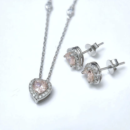 Conjunto de plata Corazón Rosado con Circones · Collar y Aros