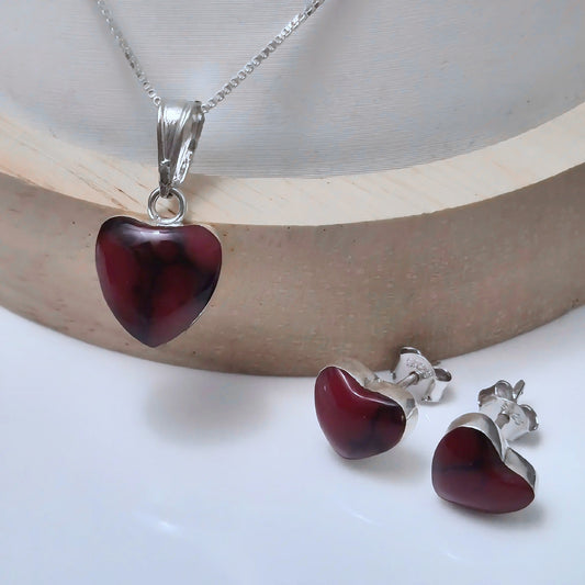 Conjunto Corazón de Jaspe Rojo Natural en Plata con Cadena Italiana 925