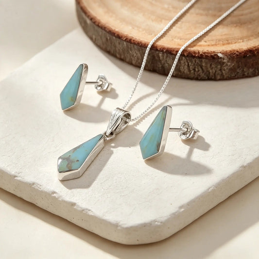 Conjunto Plata Ley 950 – Aro Apegado y Colgante con Turquesa Natural
