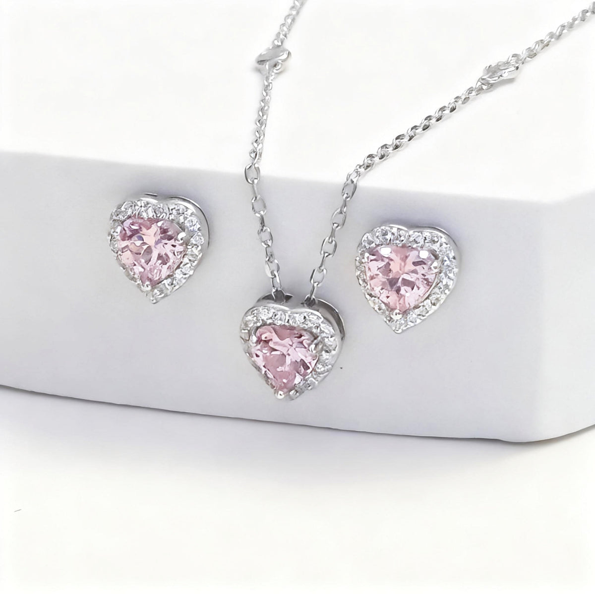 Conjunto de plata Corazón Rosado con Circones · Collar y Aros