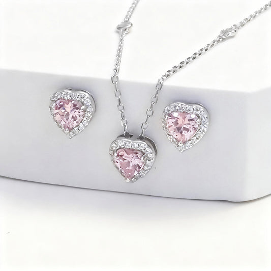 Conjunto de plata Corazón Rosado con Circones · Collar y Aros