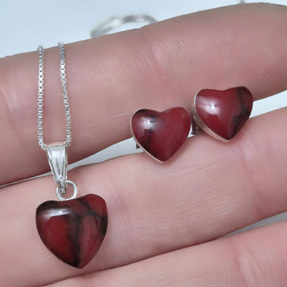 Conjunto Corazón de Jaspe Rojo Natural en Plata con Cadena Italiana 925