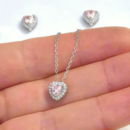 Conjunto de plata Corazón Rosado con Circones · Collar y Aros